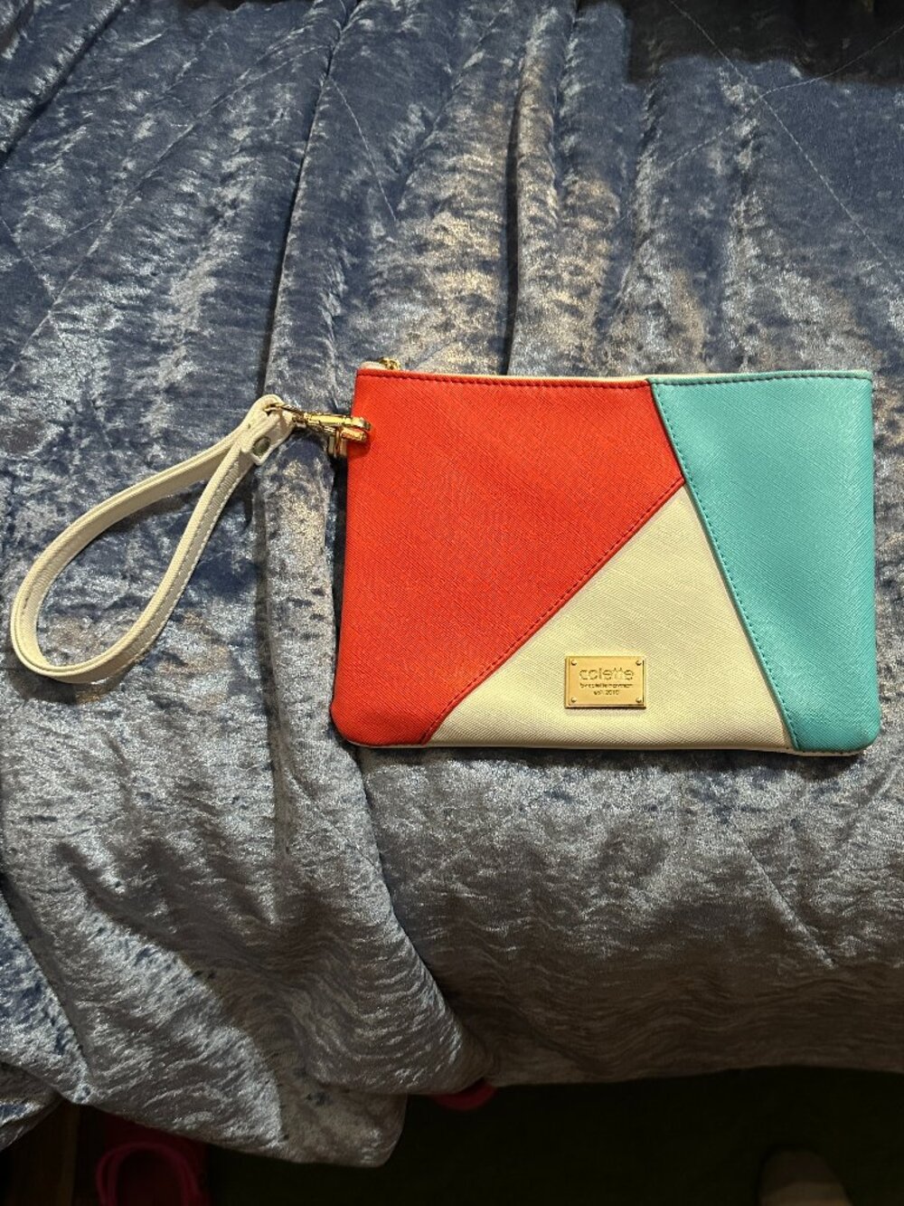 Geometric Color-blocked Wristlet /Clutch in Coral-Red, White, and Sky